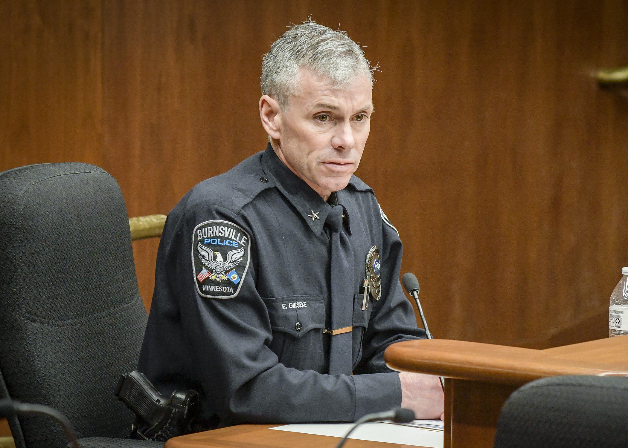 Burnsville Police Chief Eric Gieseke testifies before the House Civil Law and Data Practices Policy Committee March 8 during discussion on a bill that would modify mandatory biennial audits of automatic license plate reader and police body camera data. Photo by Andrew VonBank